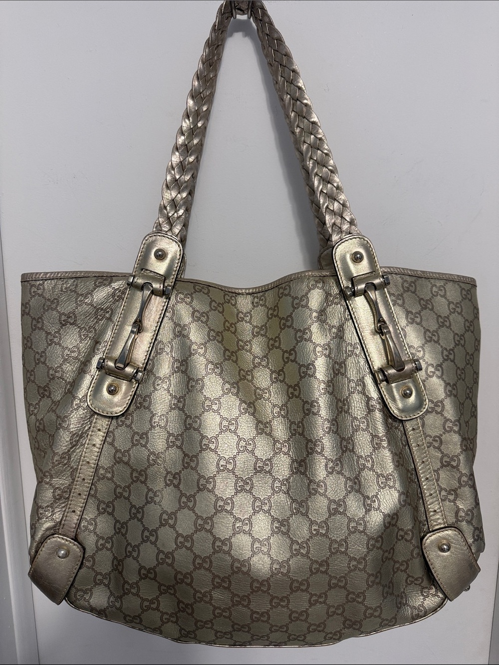 Braided-Handle Gold Large Tote Bag